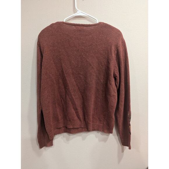 Brown embroidered Fall-themed zippered cardigan, Heirloom Collectables, size L - Picture 3 of 8